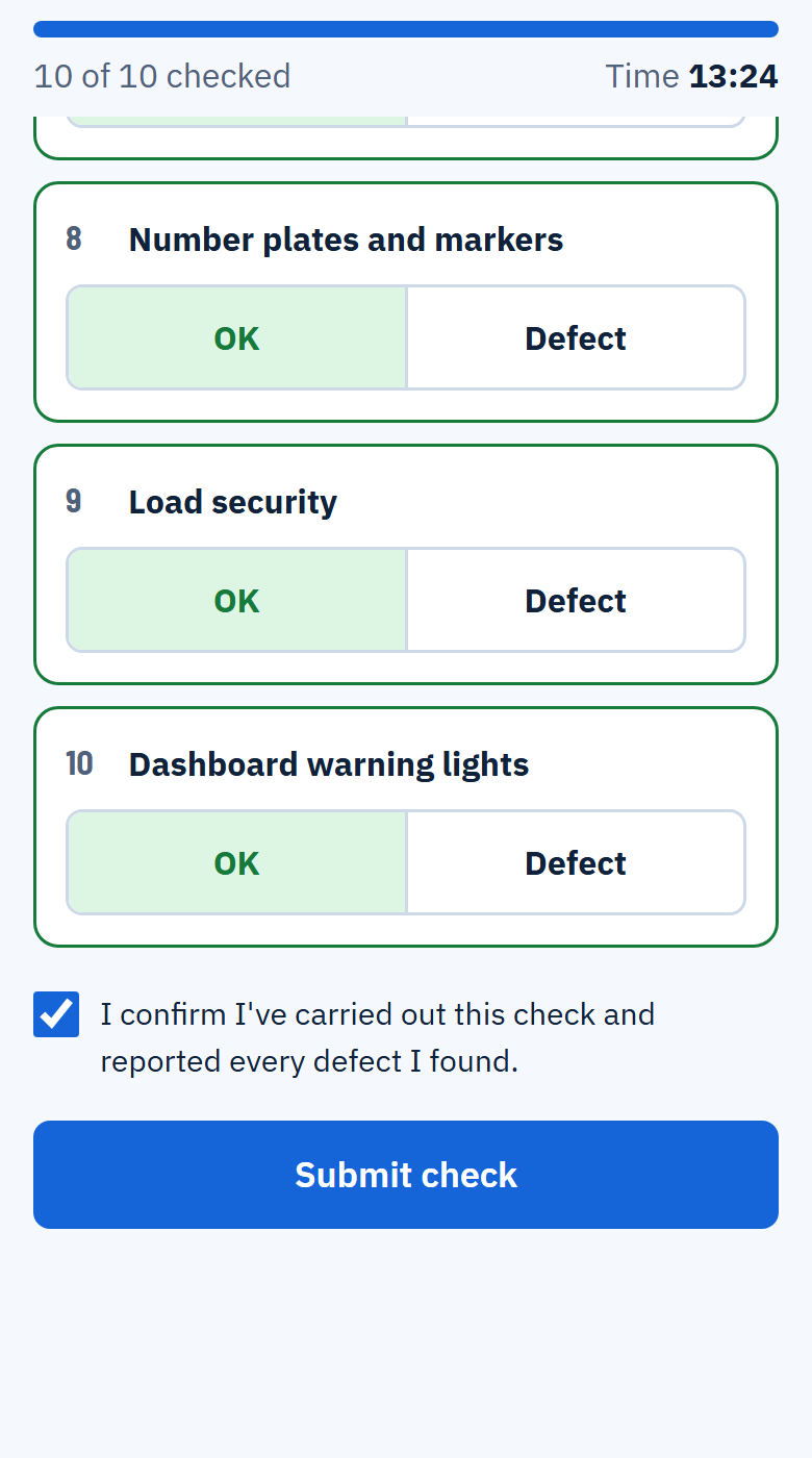 The end of the check: every item answered, the declaration ticked and the Submit check button.