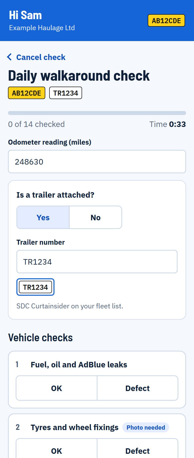 The start of a walkaround check: the odometer reading, the trailer question answered Yes with trailer TR1234 chosen, and the first check items.