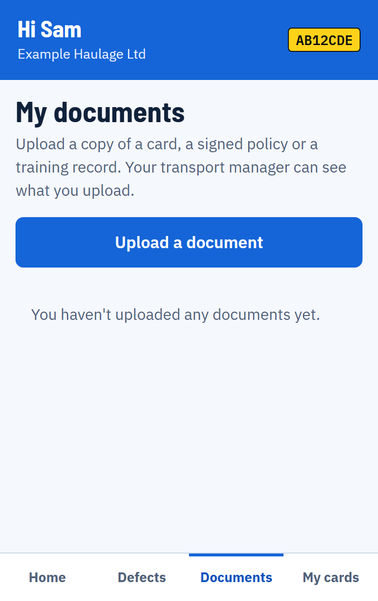 The My documents screen with an Upload a document button and one driving licence that has already been uploaded.