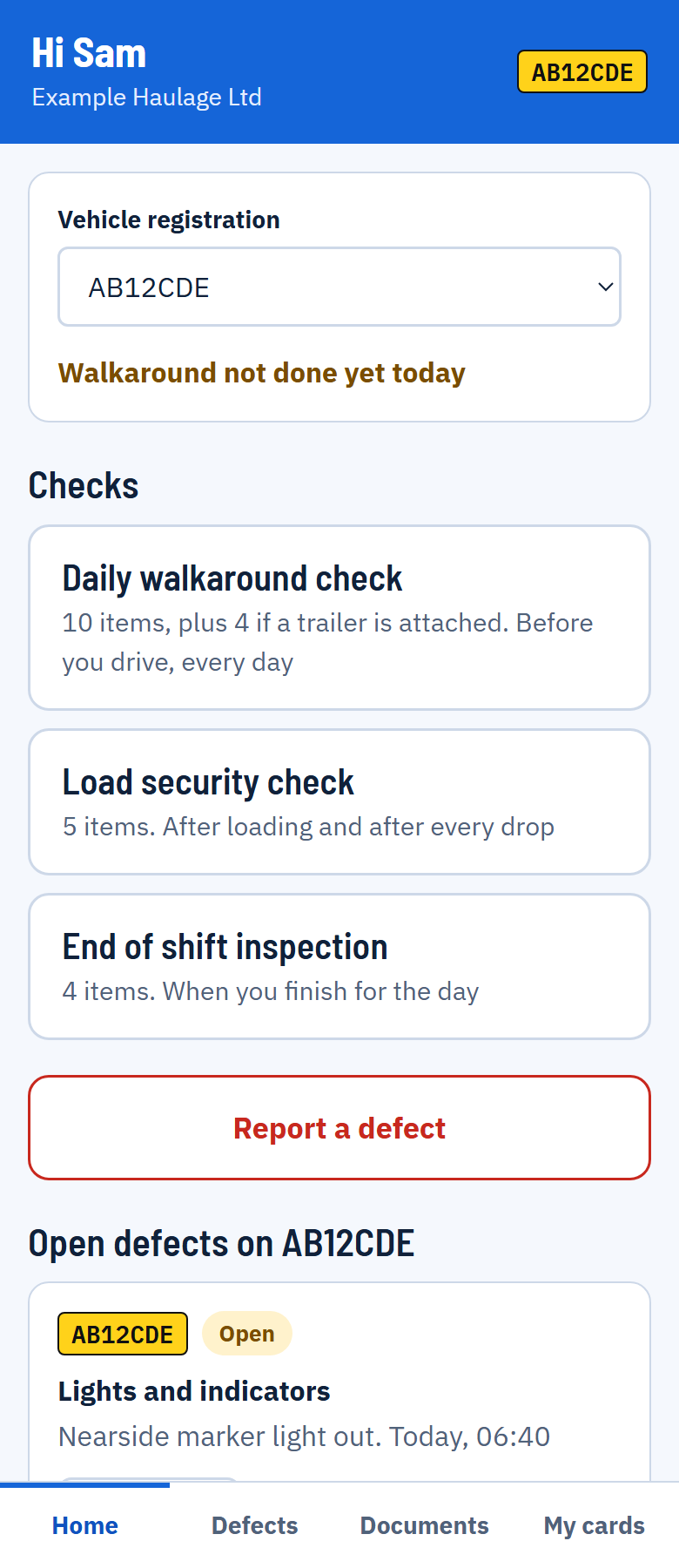 The driver app: choose the vehicle, then start the daily walkaround check.