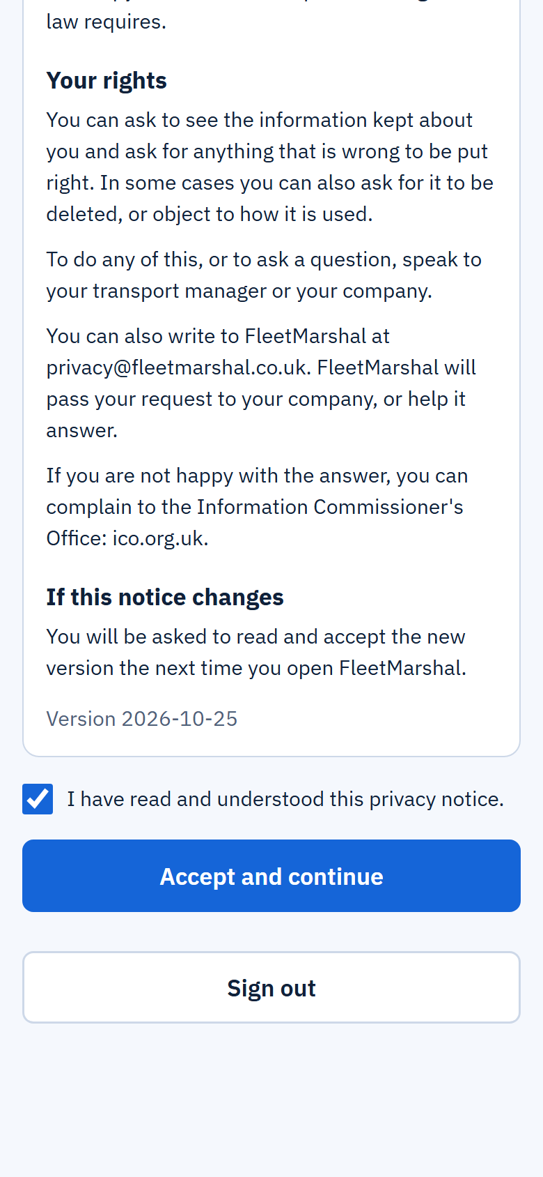 The end of the privacy notice, with the box ticked to say it has been read and understood, and the Accept and continue button.