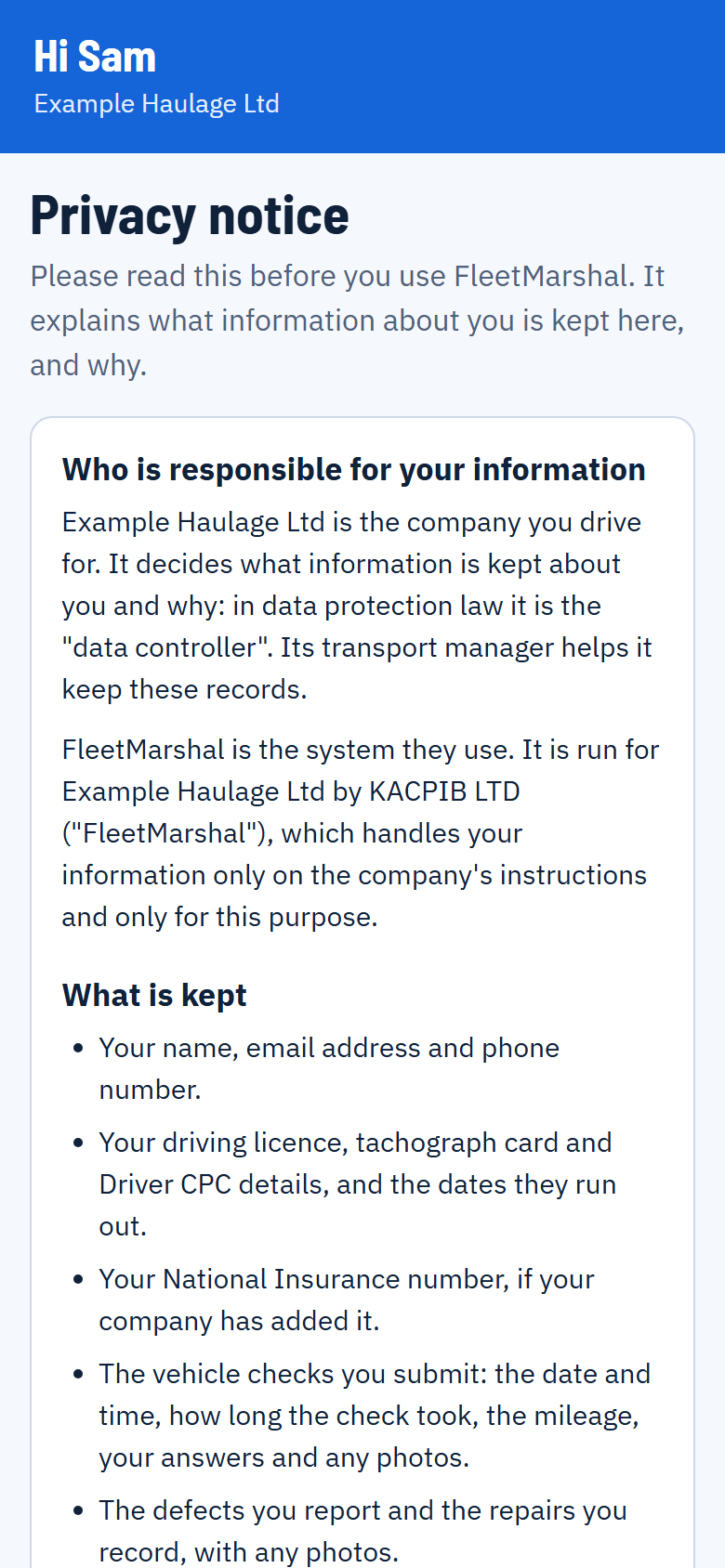 The Privacy notice screen, starting with who is responsible for your information and what is kept.