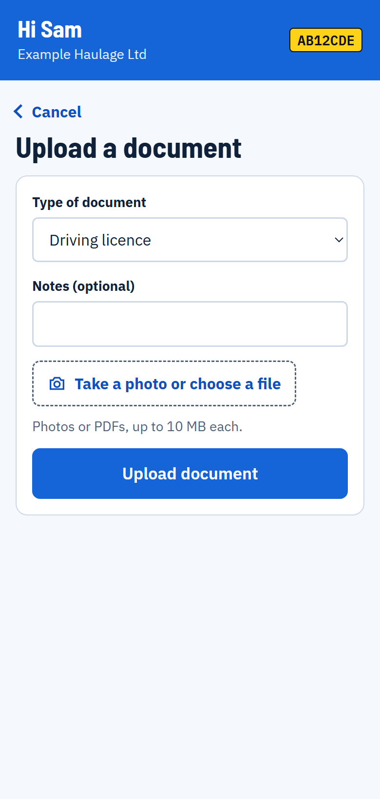 The Upload a document screen with the type set to Toolbox talk or training, a subject typed in, a Take a photo or choose a file button and an Upload document button.