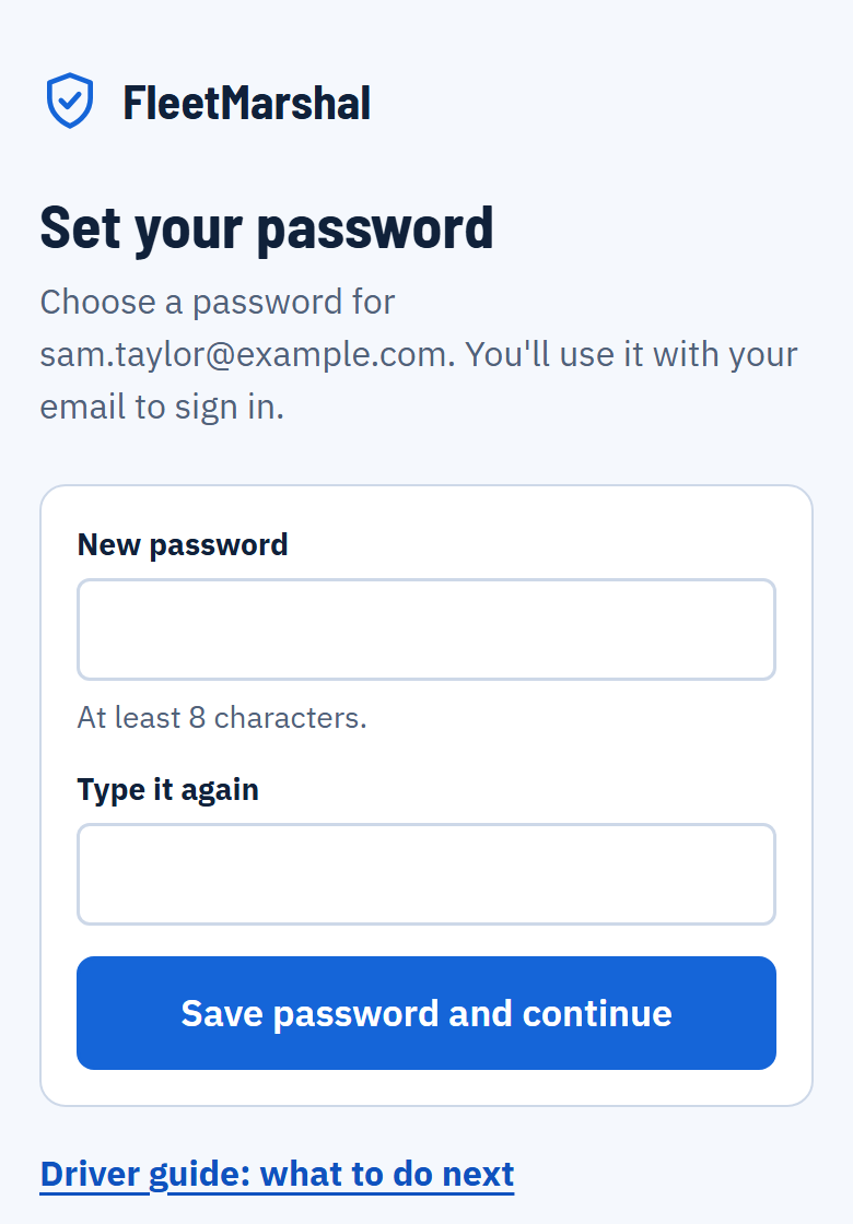 The Set your password screen, with boxes for a new password and to type it again, and a Save password and continue button.