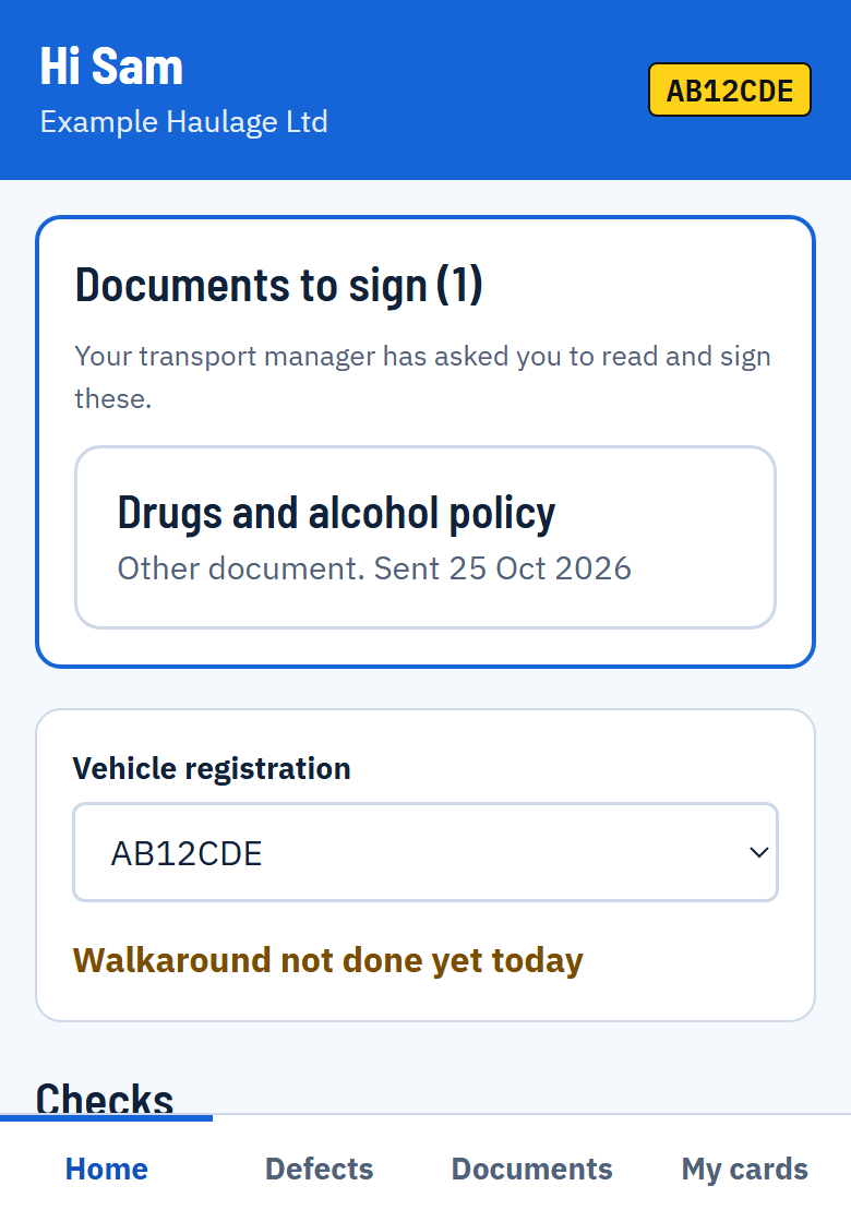 The home screen with a Documents to sign box at the top listing the Drugs and alcohol policy.