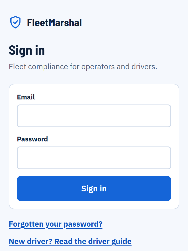 The Sign in screen with Email and Password boxes, a Sign in button, a Forgotten your password link and a link to this guide.