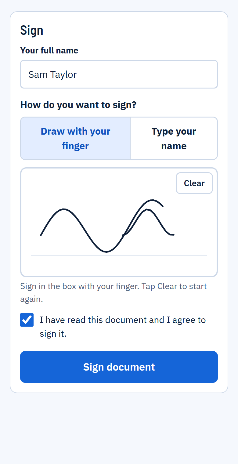 The signing section: the driver's full name, a choice between drawing with a finger and typing the name, a signature drawn in the box, the agreement ticked and a Sign document button.