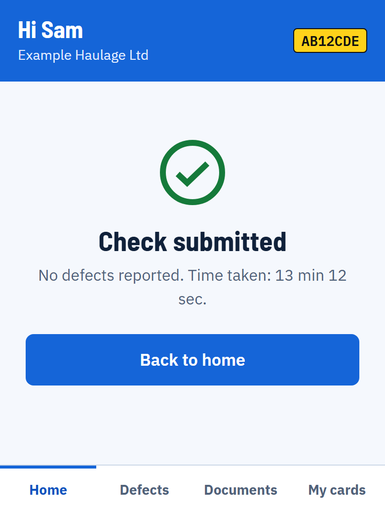 The Check submitted screen with a green tick, saying no defects were reported and the time taken.